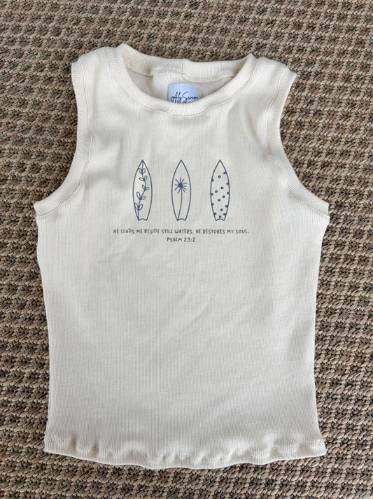 Natural Rib Tank with Dusty Blue Embroidery