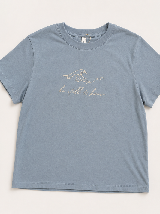 Be Still & Know Embroidered Boxy Tee | Vintage Denim